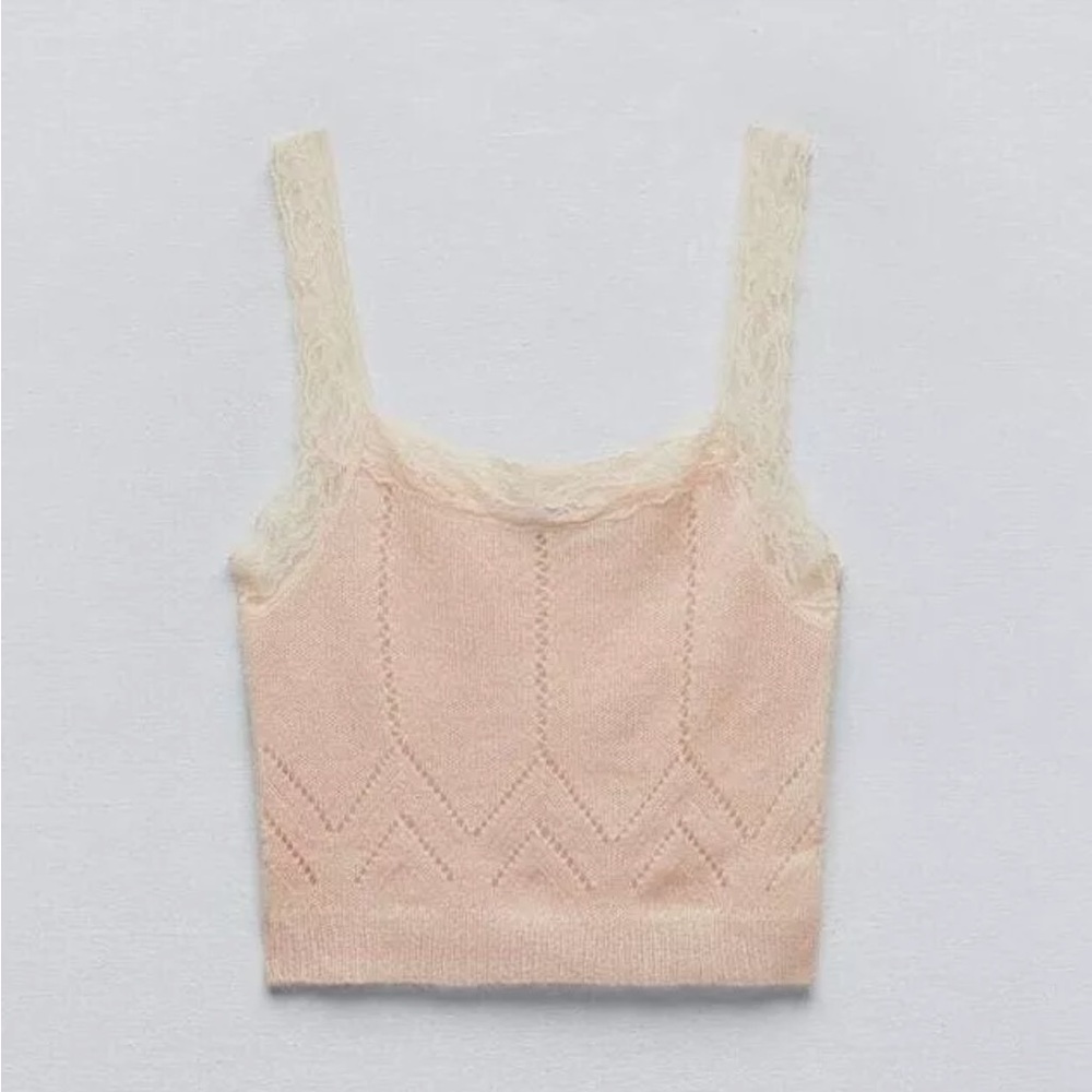 Zara Pale Pink Lace-Trim Knit Crop Top